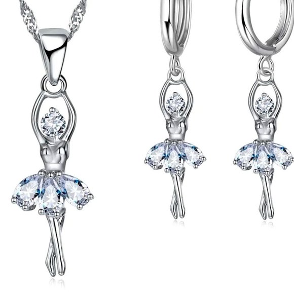 Fashion Jewelry Jewelry - ⭐4pc Bundle Sale⭐ Diamond Ballerina Pendant, Earrings & 18" Chain 925 Silver